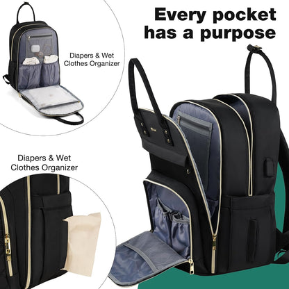 MOMUVO Diaper Backpack for Women Large Capacity with Insulated Pockets Diaper Bags For Baby Girl Boy Waterproof Baby Bags