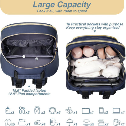 MOMUVO Diaper Backpack for Women Large Capacity with Insulated Pockets Diaper Bags For Baby Girl Boy Waterproof Baby Bags