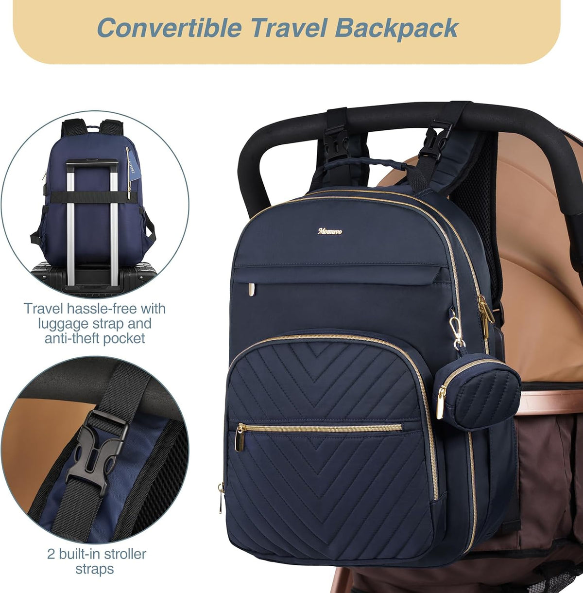 MOMUVO Diaper Backpack for Women Large Capacity with Insulated Pockets Diaper Bags For Baby Girl Boy Waterproof Baby Bags