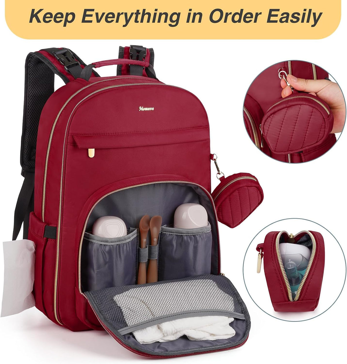 MOMUVO Diaper Backpack for Women Large Capacity with Insulated Pockets Diaper Bags For Baby Girl Boy Waterproof Baby Bags