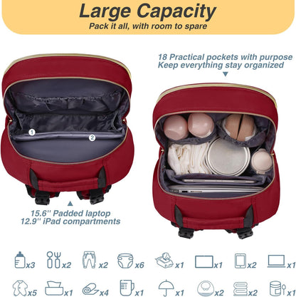 MOMUVO Diaper Backpack for Women Large Capacity with Insulated Pockets Diaper Bags For Baby Girl Boy Waterproof Baby Bags