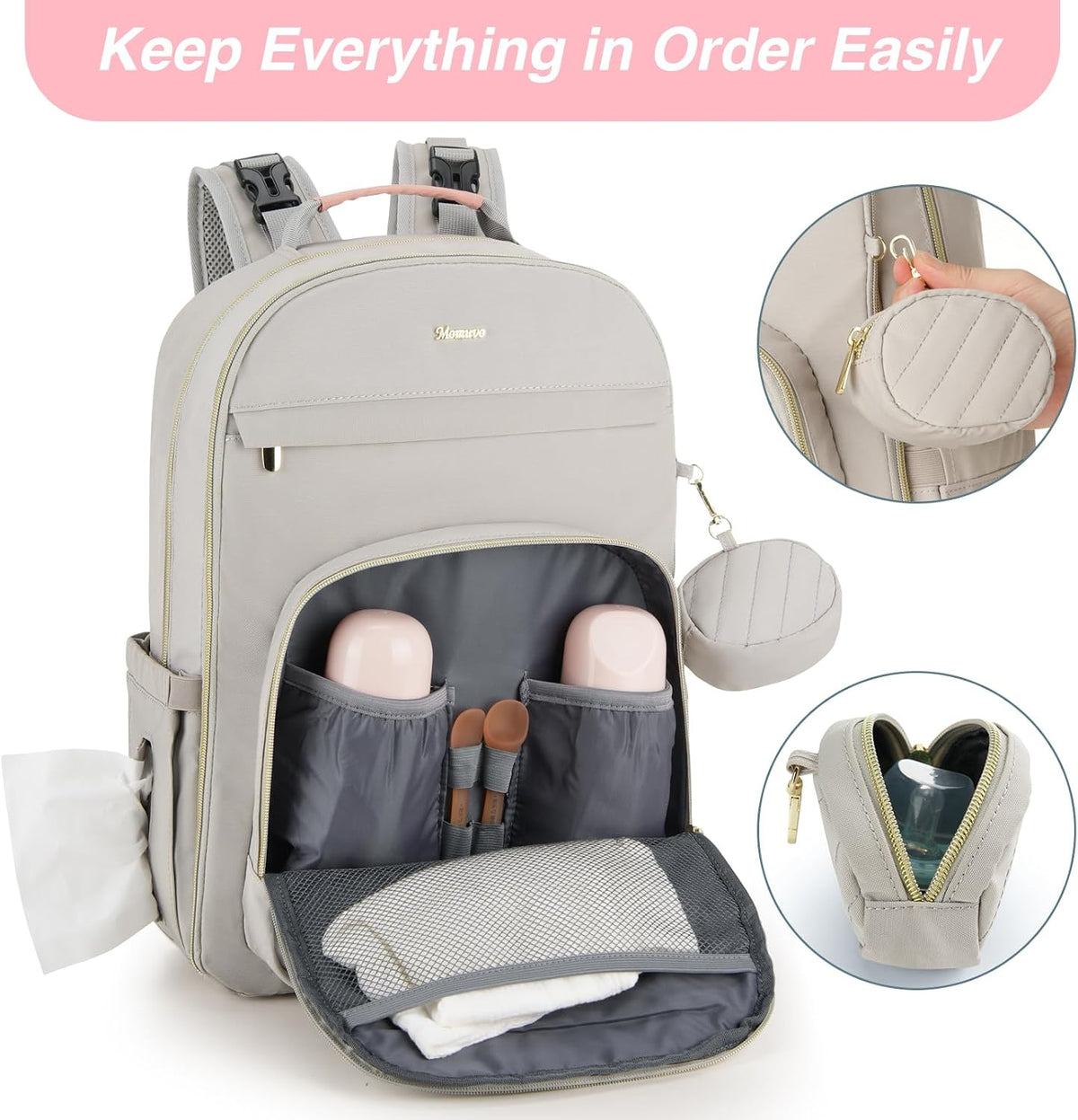 MOMUVO Diaper Backpack for Women Large Capacity with Insulated Pockets Diaper Bags For Baby Girl Boy Waterproof Baby Bags