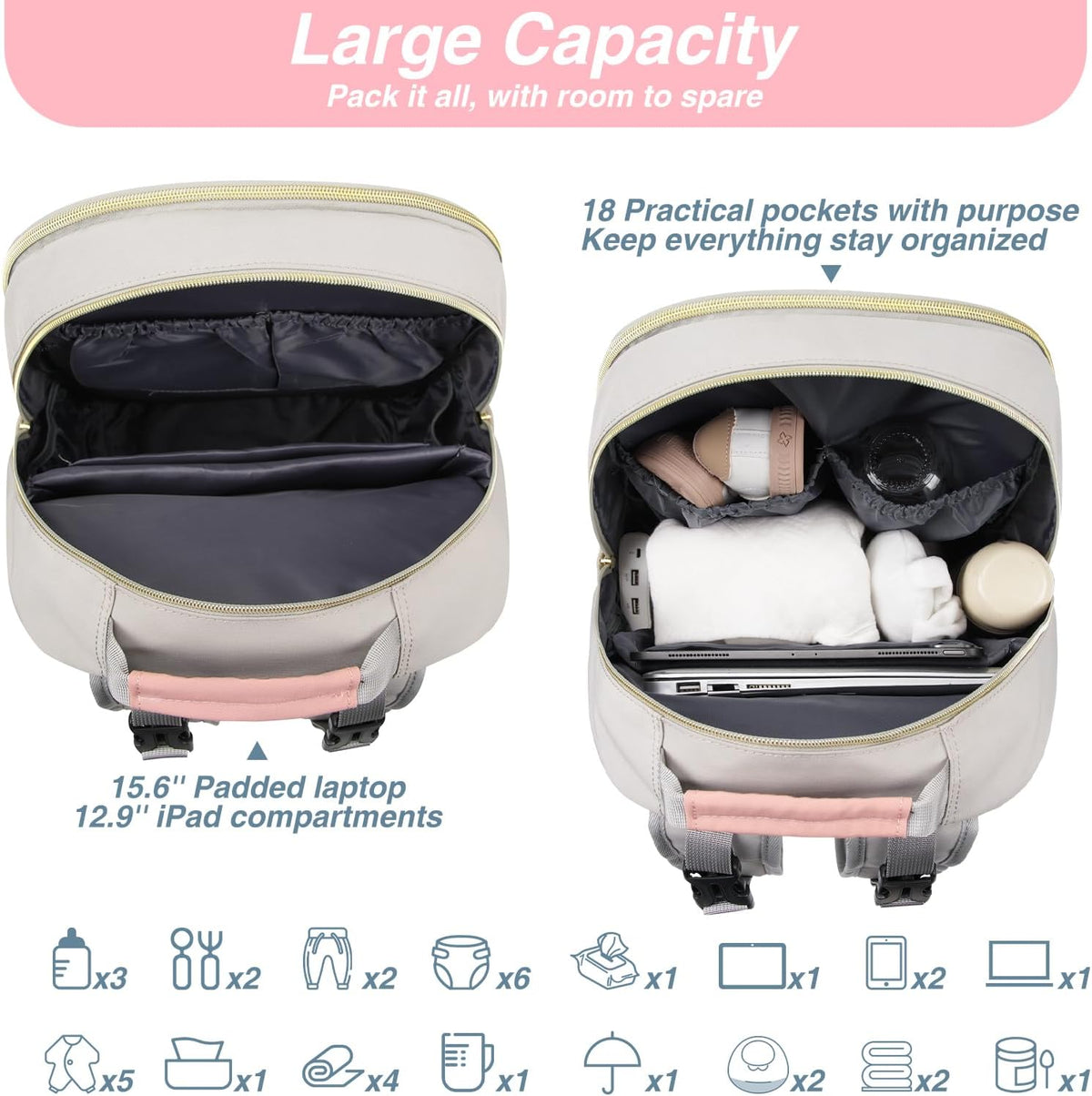 MOMUVO Diaper Backpack for Women Large Capacity with Insulated Pockets Diaper Bags For Baby Girl Boy Waterproof Baby Bags