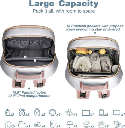 MOMUVO Diaper Backpack for Women Large Capacity with Insulated Pockets Diaper Bags For Baby Girl Boy Waterproof Baby Bags