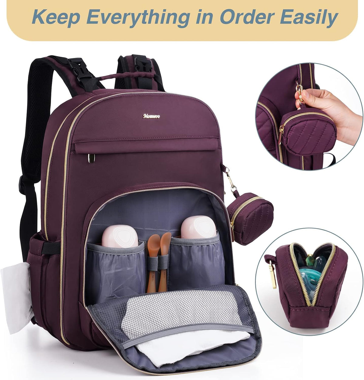 MOMUVO Diaper Backpack for Women Large Capacity with Insulated Pockets Diaper Bags For Baby Girl Boy Waterproof Baby Bags