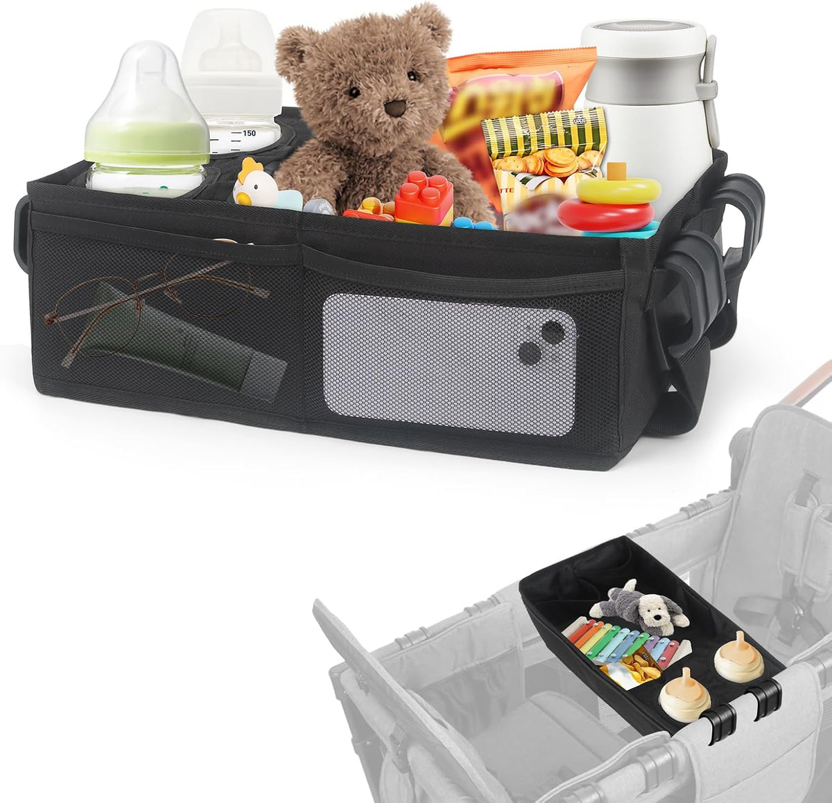 W2 Stroller Snack Tray for Wonderfold Wagon W2, Stroller Cup Holder Toy Storage W2 Wagon Accessories with Side Mesh Pockets, Height Increase, Double Sided Snack Tray 15.4"×9.4“