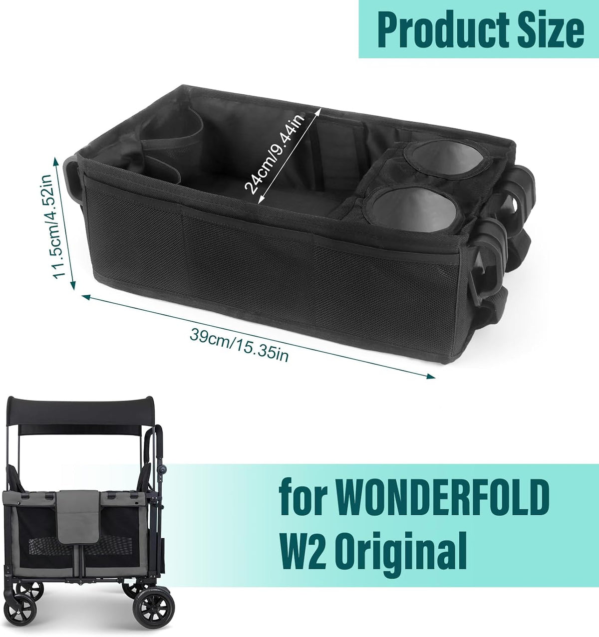 W2 Stroller Snack Tray for Wonderfold Wagon W2, Stroller Cup Holder Toy Storage W2 Wagon Accessories with Side Mesh Pockets, Height Increase, Double Sided Snack Tray 15.4"×9.4“