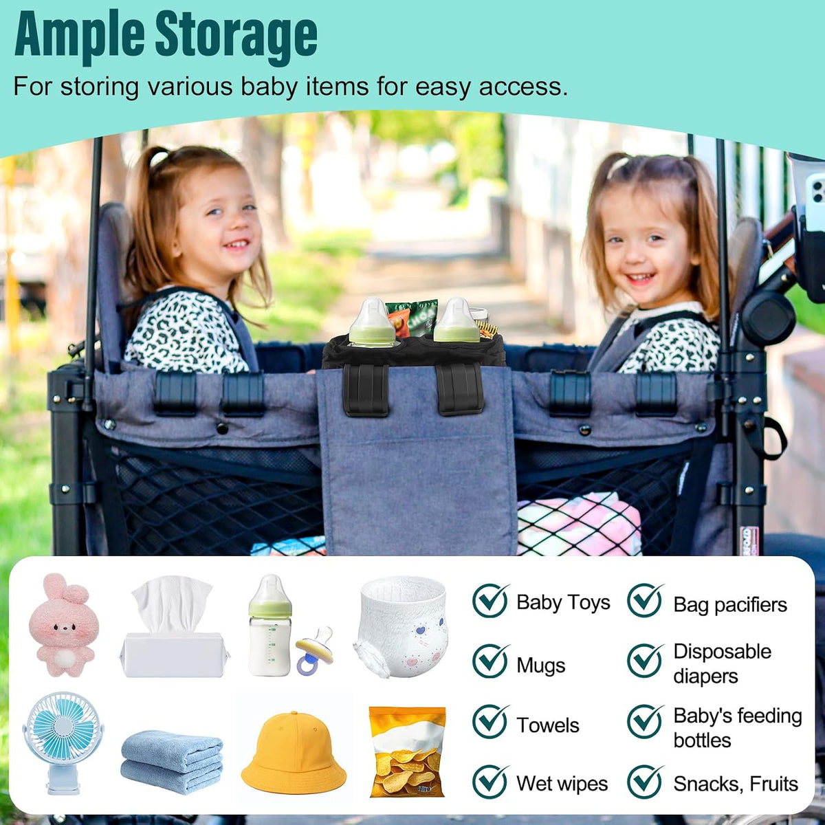 W2 Stroller Snack Tray for Wonderfold Wagon W2, Stroller Cup Holder Toy Storage W2 Wagon Accessories with Side Mesh Pockets, Height Increase, Double Sided Snack Tray 15.4"×9.4“