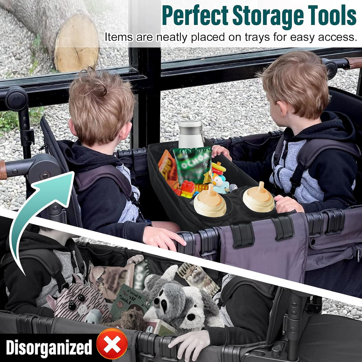 W2 Stroller Snack Tray for Wonderfold Wagon W2, Stroller Cup Holder Toy Storage W2 Wagon Accessories with Side Mesh Pockets, Height Increase, Double Sided Snack Tray 15.4"×9.4“