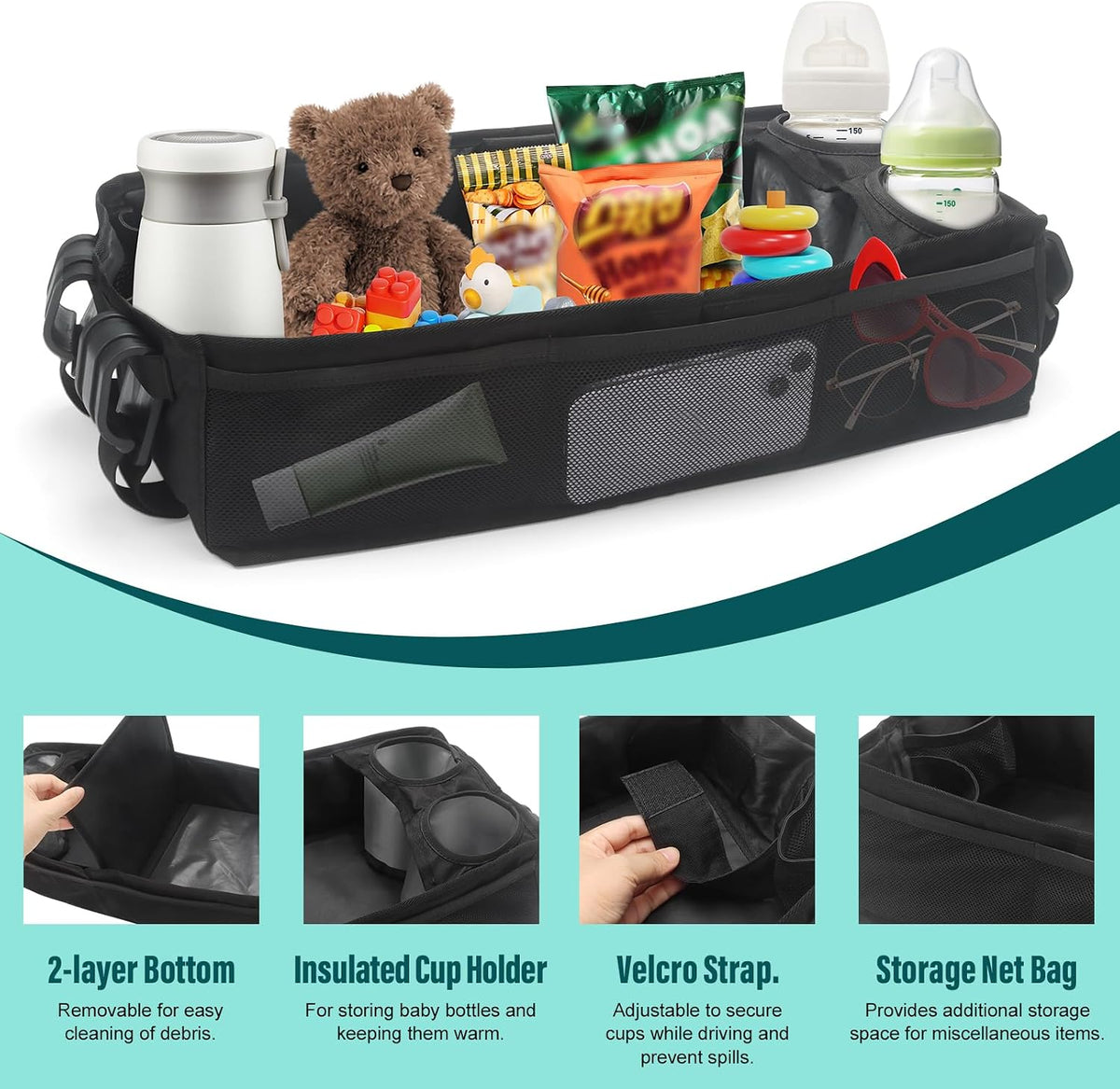W2 Stroller Snack Tray for Wonderfold Wagon W2, Stroller Cup Holder Toy Storage W2 Wagon Accessories with Side Mesh Pockets, Height Increase, Double Sided Snack Tray 15.4"×9.4“
