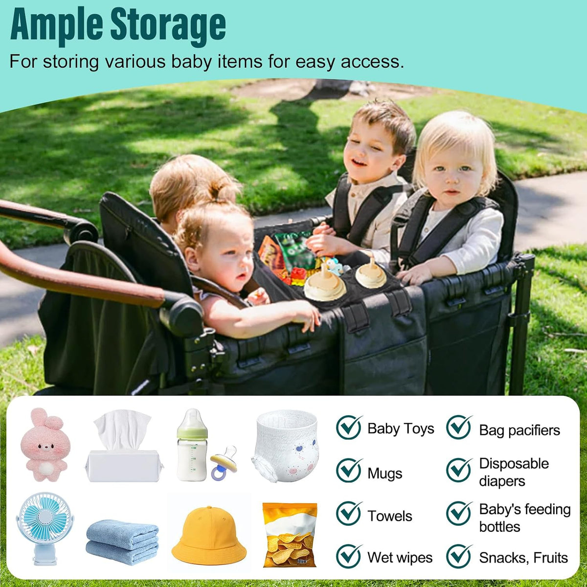 W2 Stroller Snack Tray for Wonderfold Wagon W2, Stroller Cup Holder Toy Storage W2 Wagon Accessories with Side Mesh Pockets, Height Increase, Double Sided Snack Tray 15.4"×9.4“