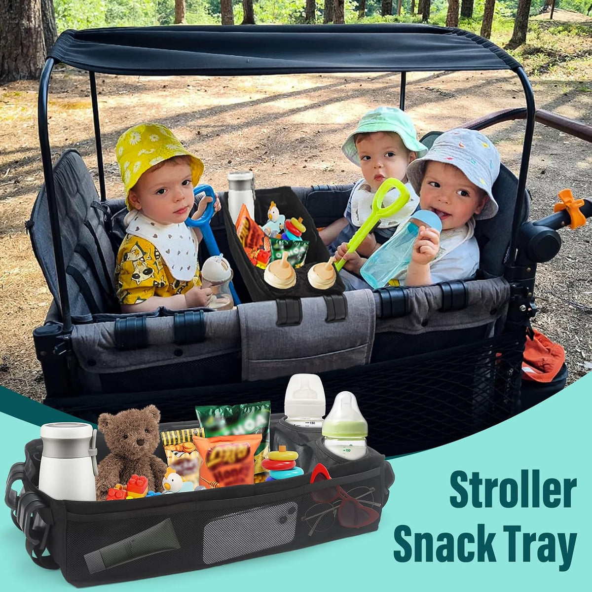 W2 Stroller Snack Tray for Wonderfold Wagon W2, Stroller Cup Holder Toy Storage W2 Wagon Accessories with Side Mesh Pockets, Height Increase, Double Sided Snack Tray 15.4"×9.4“