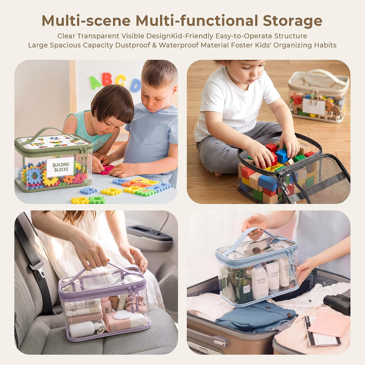 Toy Storage Bags - 8 Pack Clear Toy Organizer Bags with Zipper - Waterproof PVC Storage Bag for Kids Room Organization - Storage for Magnatic Tiles, Puzzle - Toddler Play Room Essentials