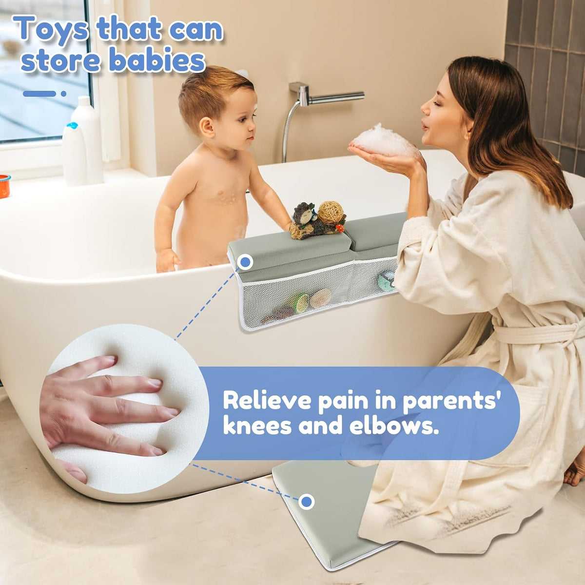 Baby Bath Kneeler and Elbow Rest Pad Set, 1.5'' Comfortable Thicker Quickly Dry Baby Bath Kneeler Pads, Comfortable Non-Slip Kneeling Mat Cushion with Toy Organizer Storage Pockets