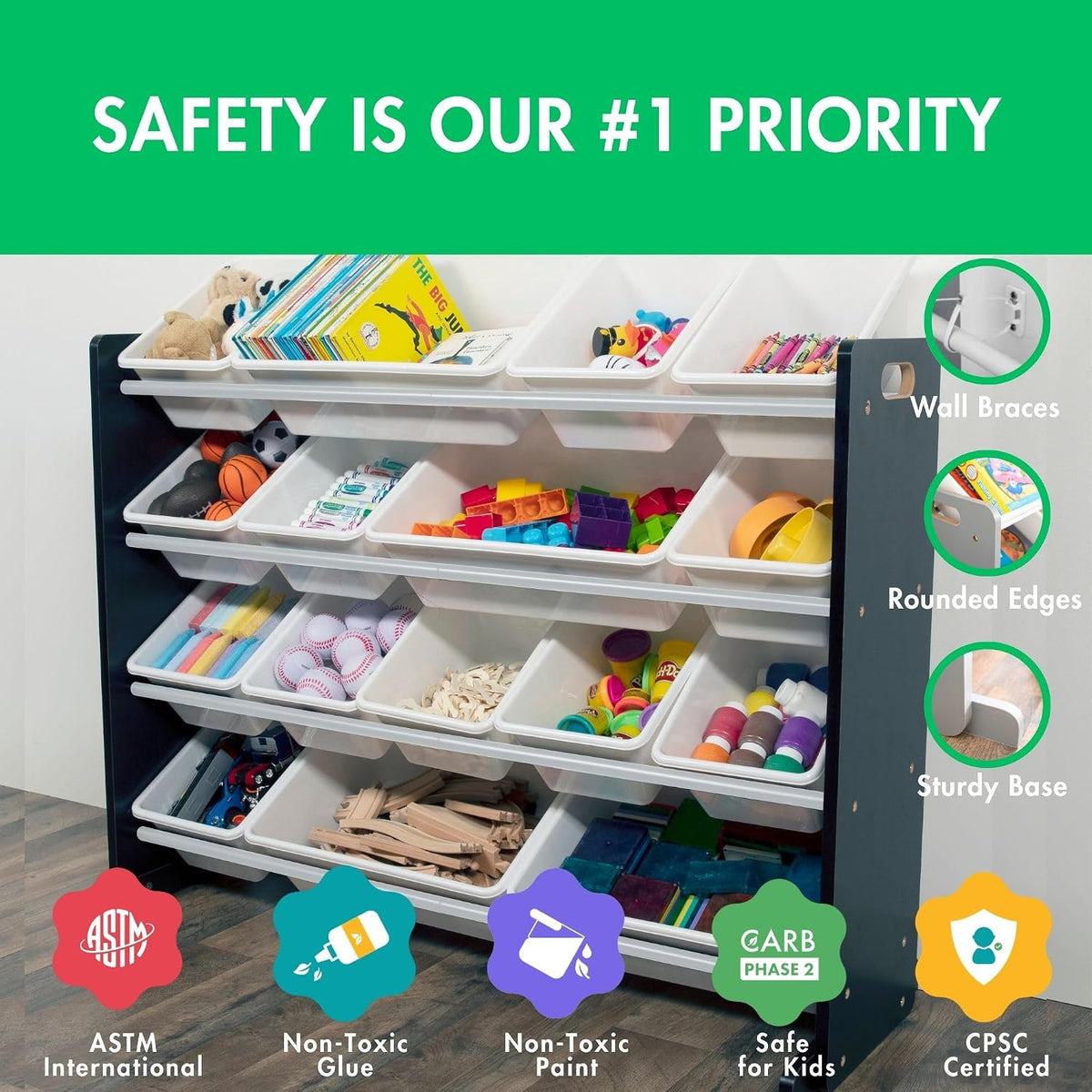Kids Toy Organizer with 16 Bins, 4 Tier Storage for Playroom
