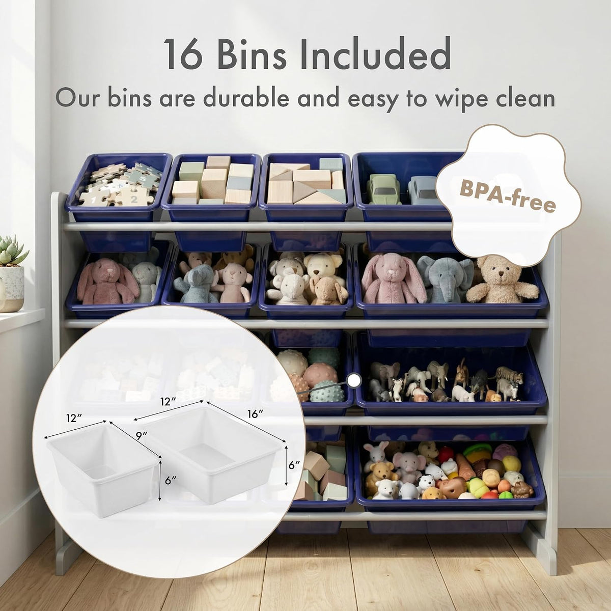 Kids Toy Organizer with 16 Bins, 4 Tier Storage for Playroom