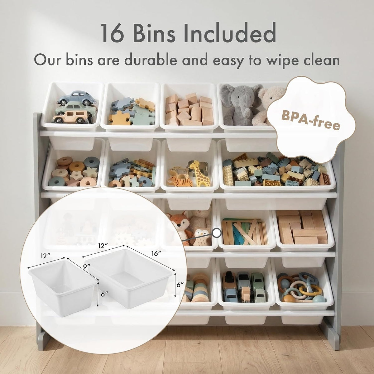 Kids Toy Organizer with 16 Bins, 4 Tier Storage for Playroom