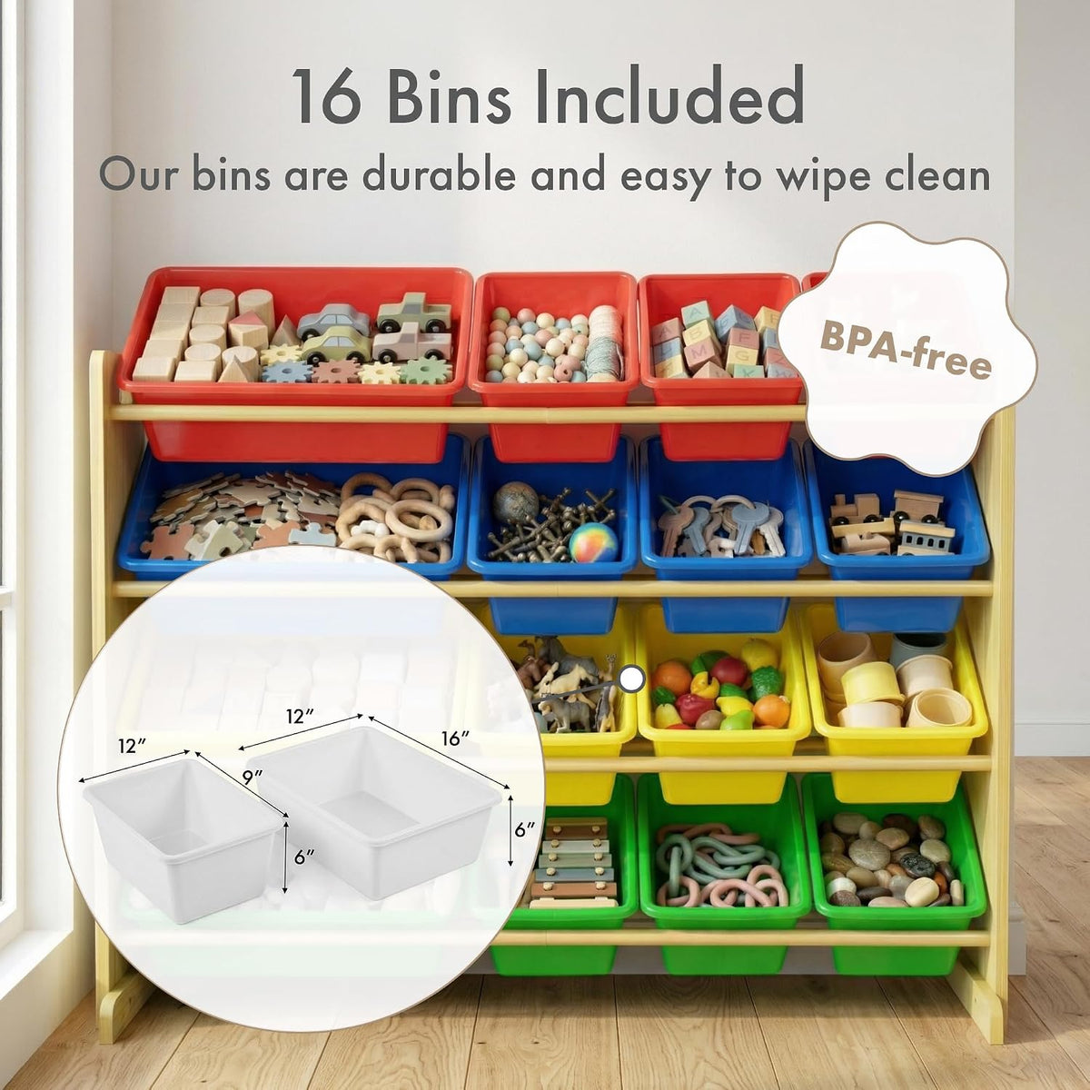 Kids Toy Organizer with 16 Bins, 4 Tier Storage for Playroom
