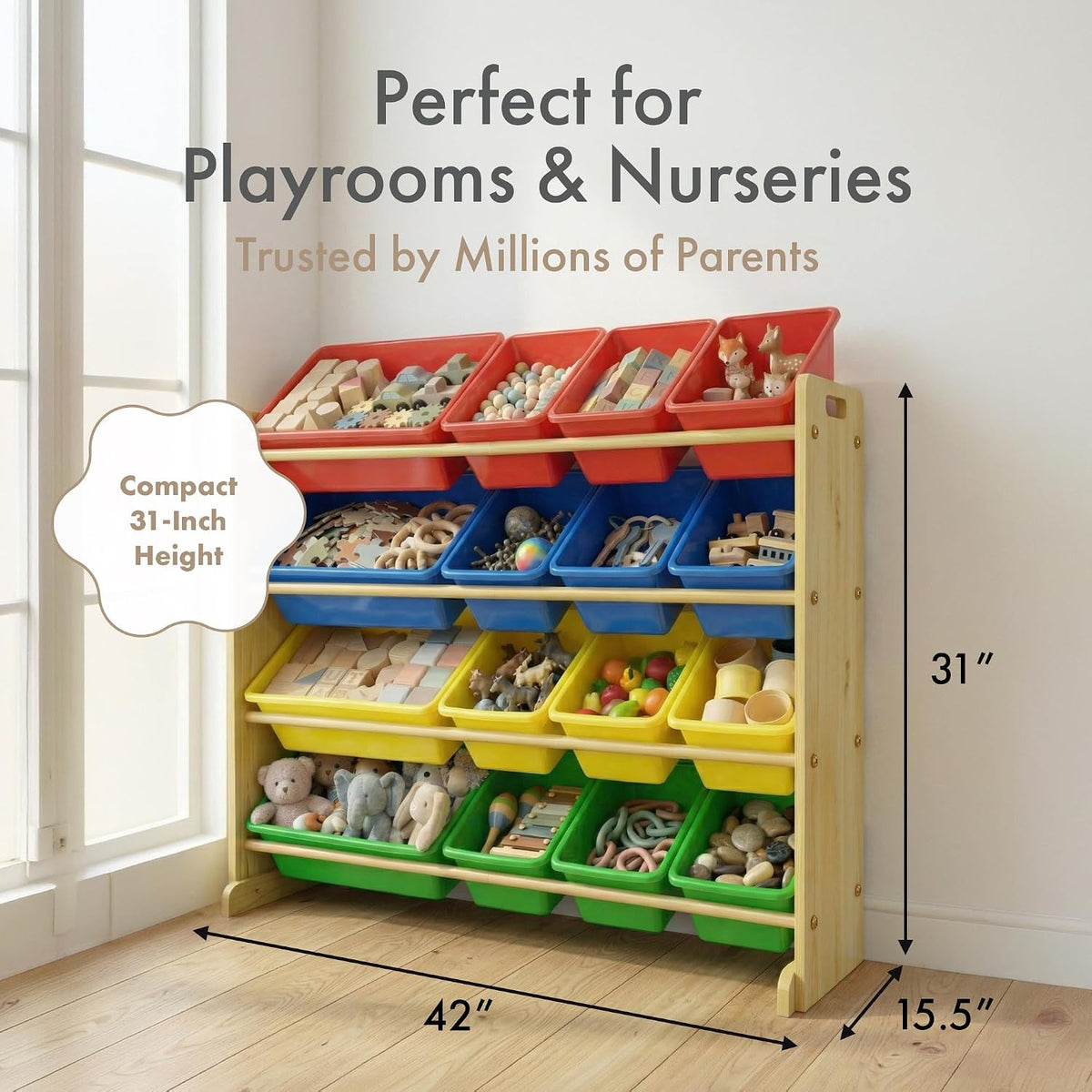 Kids Toy Organizer with 16 Bins, 4 Tier Storage for Playroom