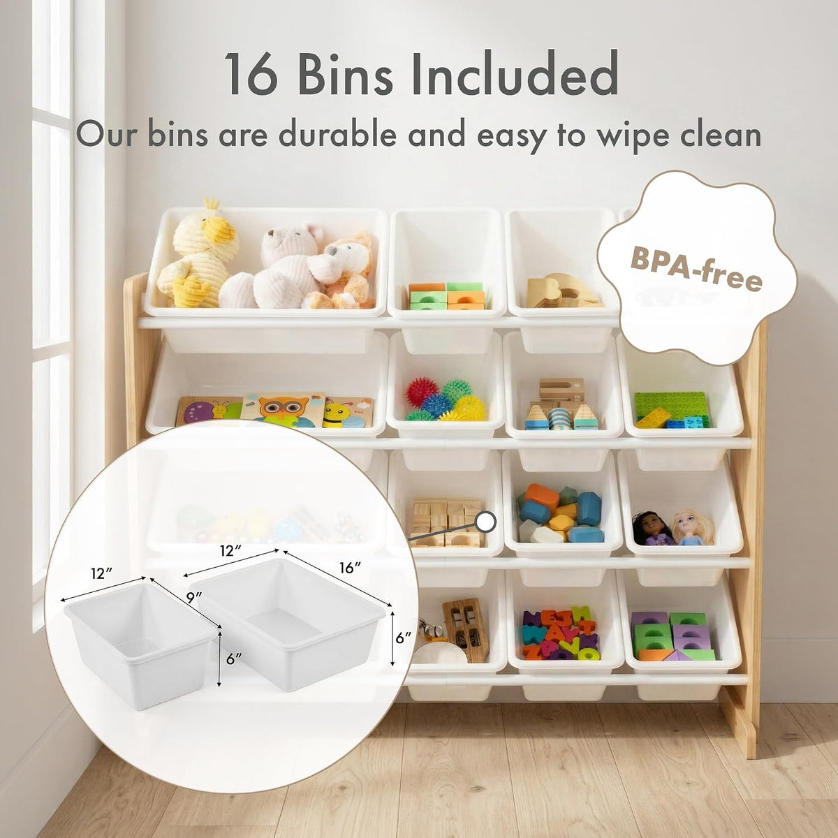 Kids Toy Organizer with 16 Bins, 4 Tier Storage for Playroom