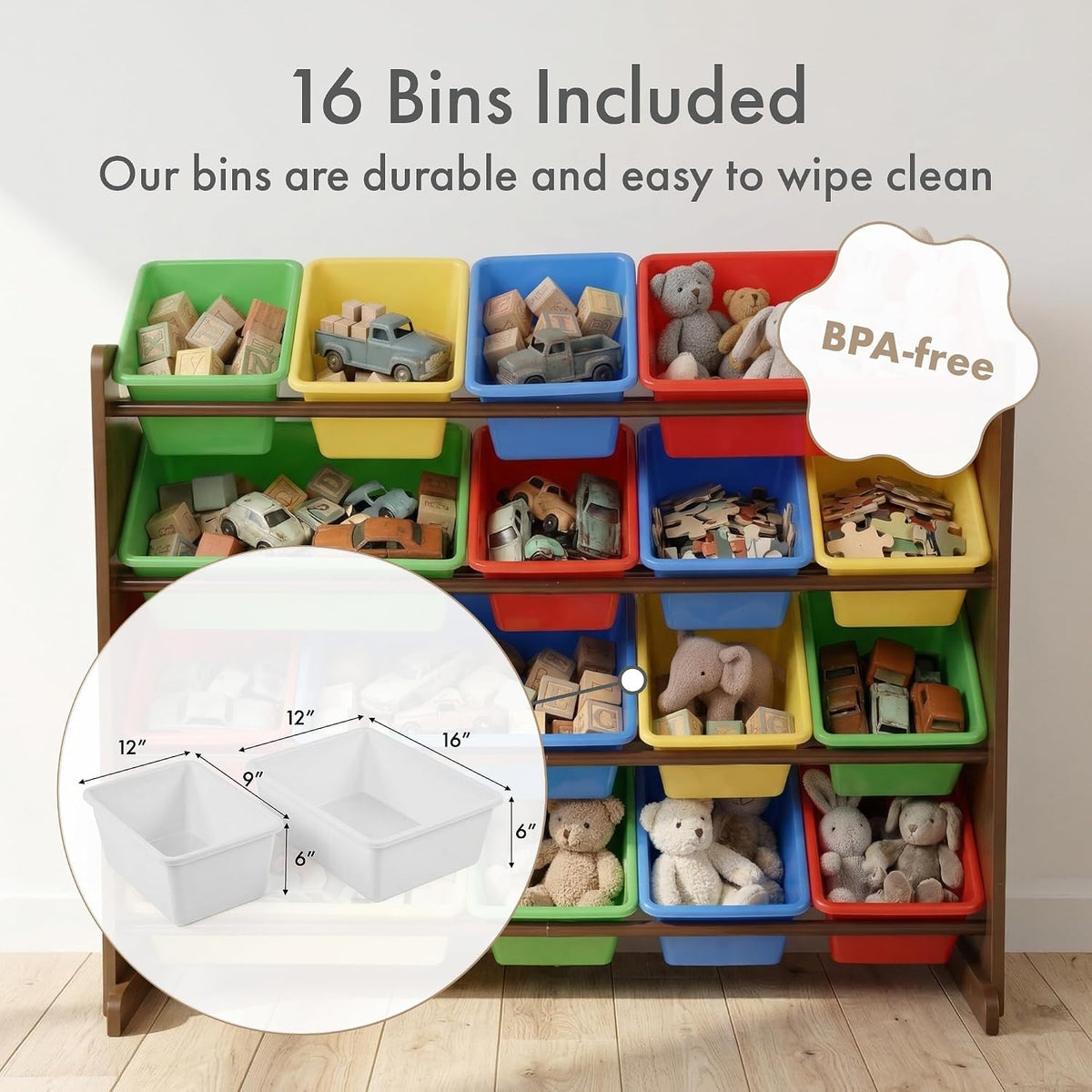 Kids Toy Organizer with 16 Bins, 4 Tier Storage for Playroom