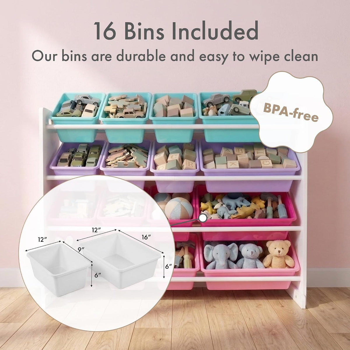Kids Toy Organizer with 16 Bins, 4 Tier Storage for Playroom