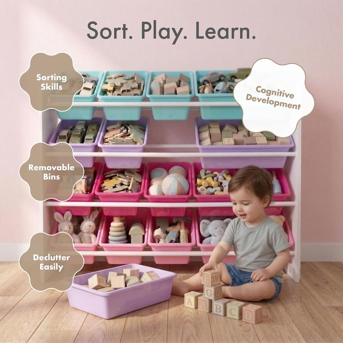 Kids Toy Organizer with 16 Bins, 4 Tier Storage for Playroom