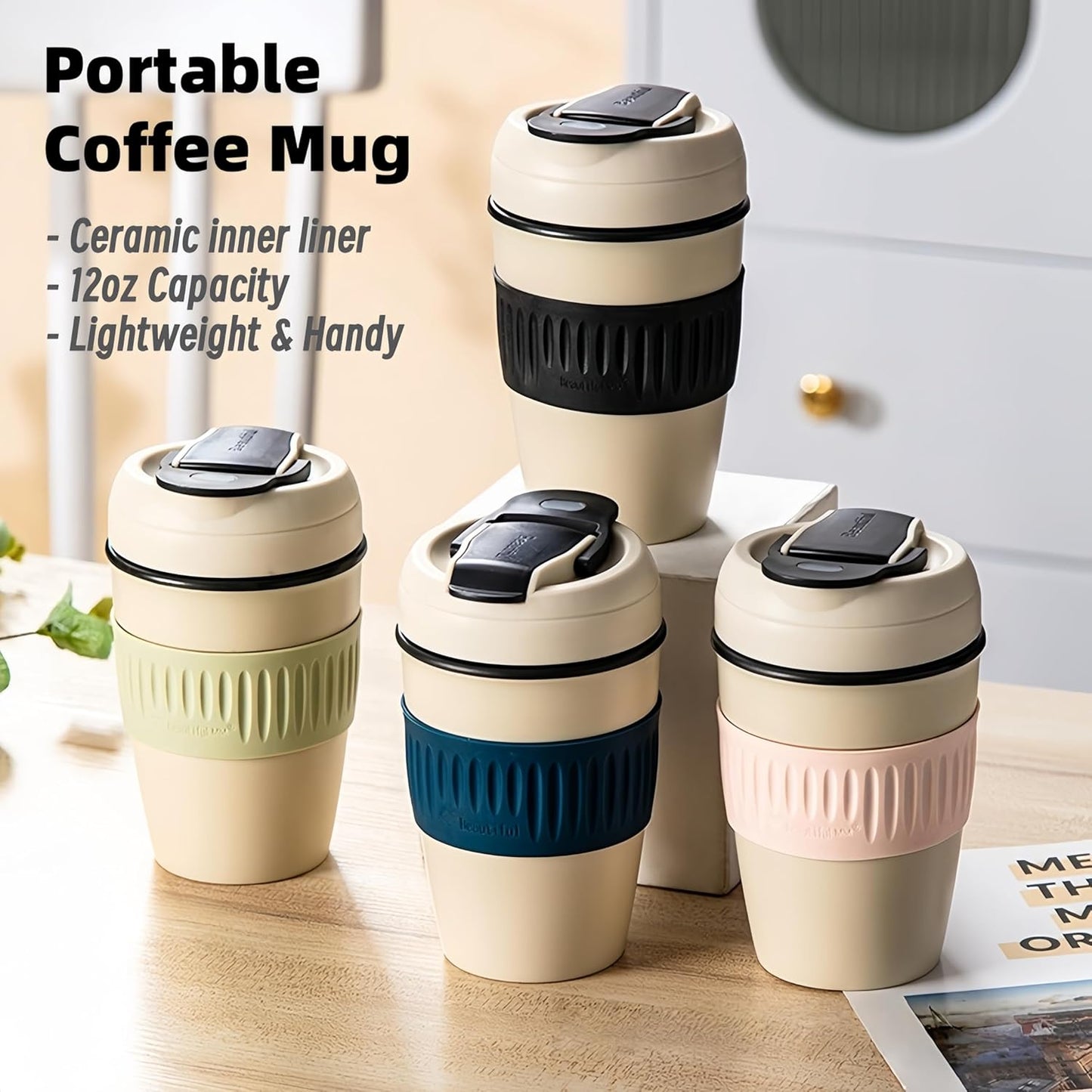 12oz Portable Vacuum Insulated Coffee Mug with Ceramic Inner, for Coffee, Flower Tea, Milk & Juice, Dual - Drinking, Leak - Proof (Blue)