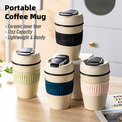 12oz Portable Vacuum Insulated Coffee Mug with Ceramic Inner, for Coffee, Flower Tea, Milk & Juice, Dual - Drinking, Leak - Proof (Blue)