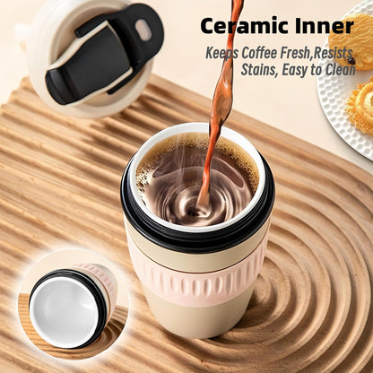 12oz Portable Vacuum Insulated Coffee Mug with Ceramic Inner, for Coffee, Flower Tea, Milk & Juice, Dual - Drinking, Leak - Proof (Blue)