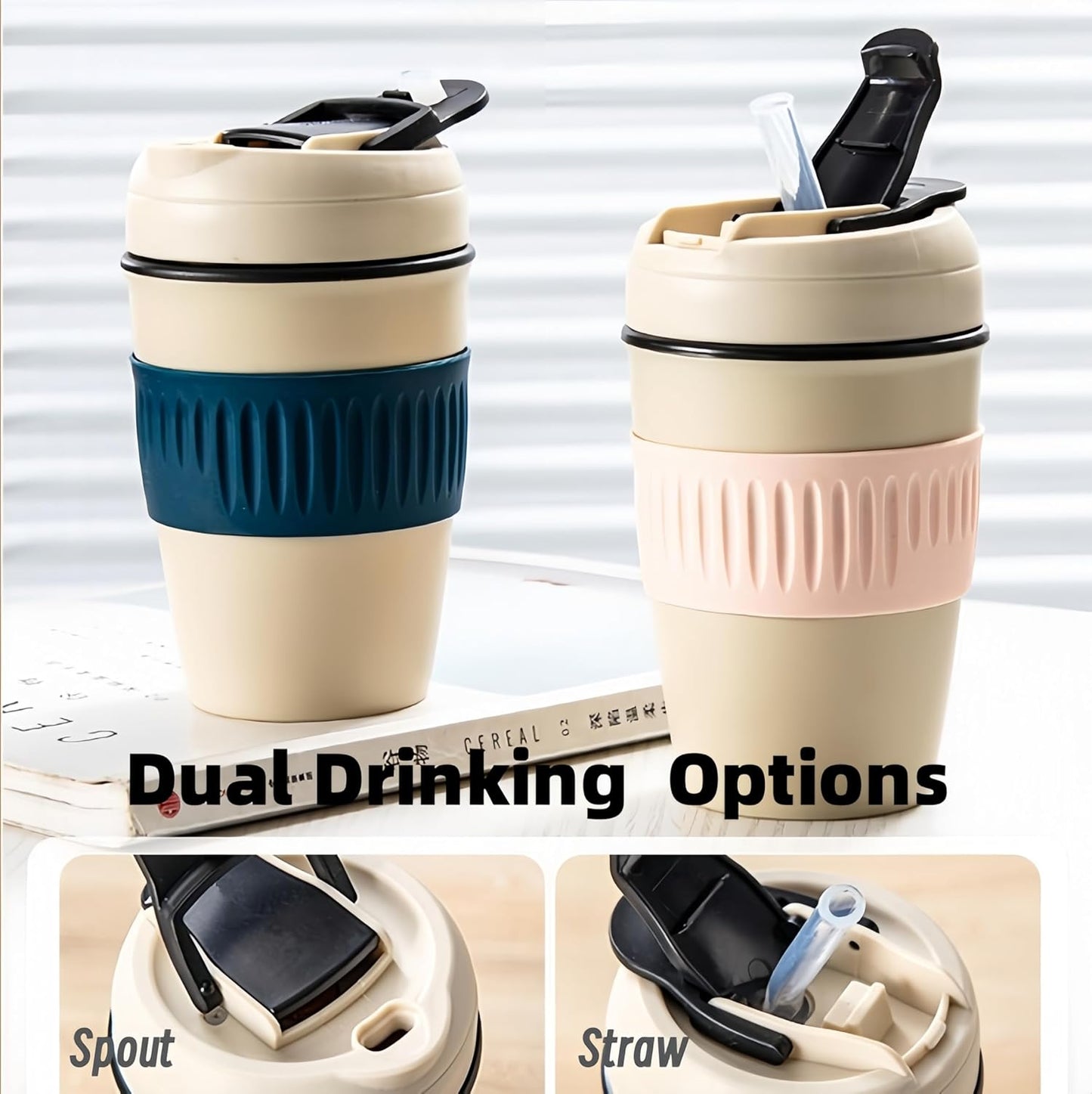 12oz Portable Vacuum Insulated Coffee Mug with Ceramic Inner, for Coffee, Flower Tea, Milk & Juice, Dual - Drinking, Leak - Proof (Blue)