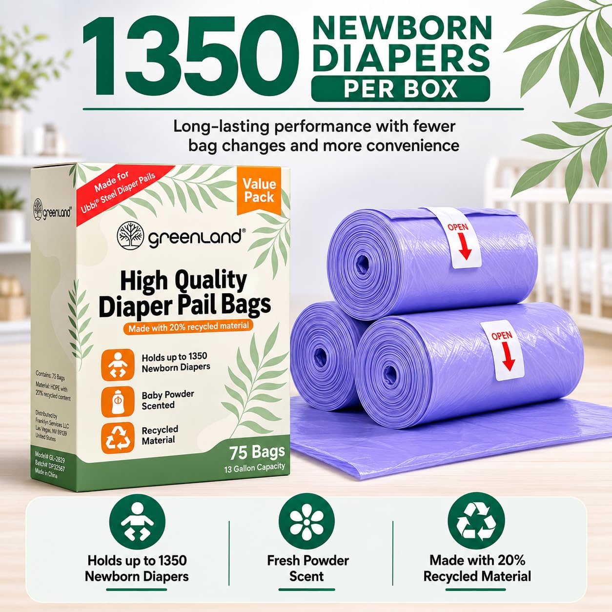 Biodegradable Diaper Pail Bags Compatible with Ubbi – Lemon Scented (75 Bags, 13 Gallons)