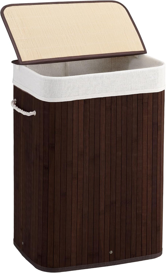 Aliphon 72L Slim Laundry Hamper with Lid, Foldable Bamboo Clothes Laundry Basket with Handles, Removable and Machine Washable Liner, for Bedroom, Bathroom, Dorm, Brown