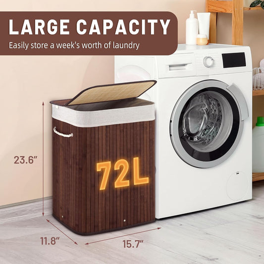 Aliphon 72L Slim Laundry Hamper with Lid, Foldable Bamboo Clothes Laundry Basket with Handles, Removable and Machine Washable Liner, for Bedroom, Bathroom, Dorm, Brown