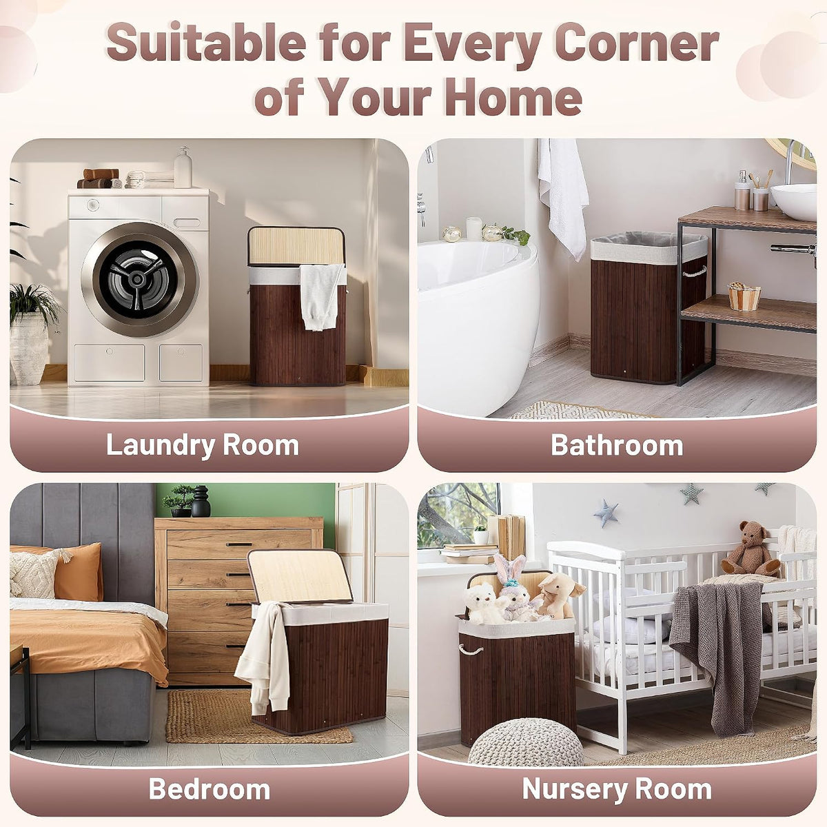 Aliphon 72L Slim Laundry Hamper with Lid, Foldable Bamboo Clothes Laundry Basket with Handles, Removable and Machine Washable Liner, for Bedroom, Bathroom, Dorm, Brown