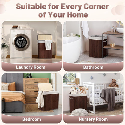 Aliphon 72L Slim Laundry Hamper with Lid, Foldable Bamboo Clothes Laundry Basket with Handles, Removable and Machine Washable Liner, for Bedroom, Bathroom, Dorm, Brown