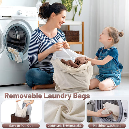 Aliphon 72L Slim Laundry Hamper with Lid, Foldable Bamboo Clothes Laundry Basket with Handles, Removable and Machine Washable Liner, for Bedroom, Bathroom, Dorm, Brown