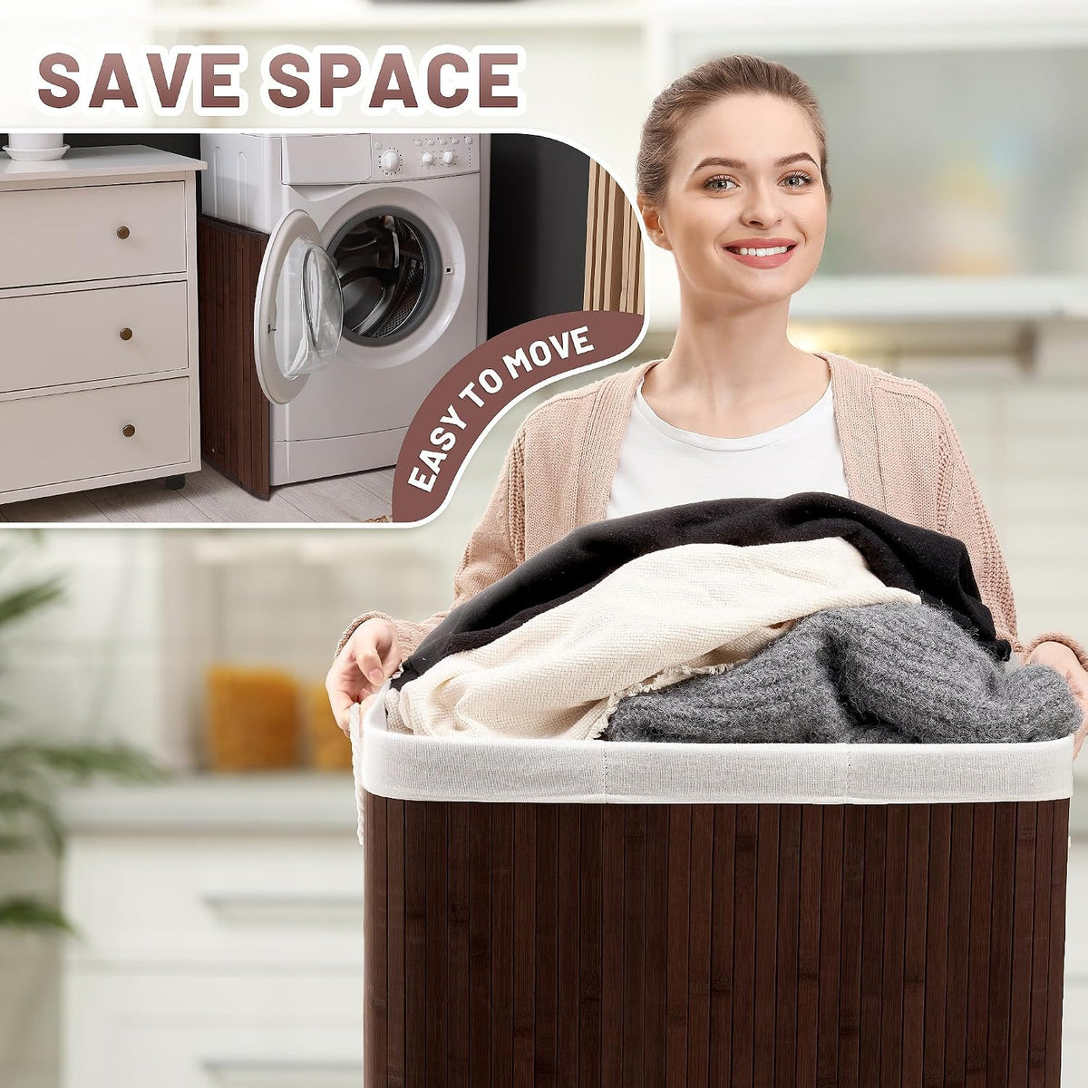 Aliphon 72L Slim Laundry Hamper with Lid, Foldable Bamboo Clothes Laundry Basket with Handles, Removable and Machine Washable Liner, for Bedroom, Bathroom, Dorm, Brown