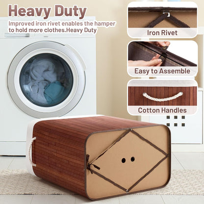 Aliphon 72L Slim Laundry Hamper with Lid, Foldable Bamboo Clothes Laundry Basket with Handles, Removable and Machine Washable Liner, for Bedroom, Bathroom, Dorm, Brown