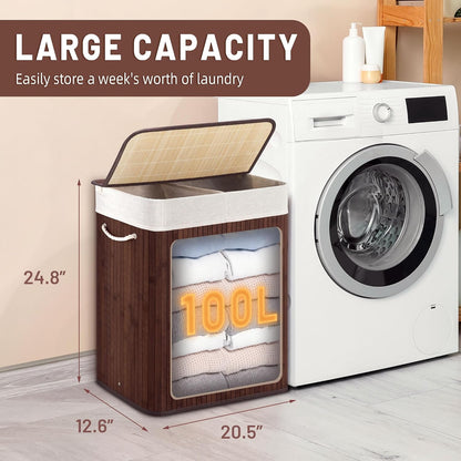 Aliphon 72L Slim Laundry Hamper with Lid, Foldable Bamboo Clothes Laundry Basket with Handles, Removable and Machine Washable Liner, for Bedroom, Bathroom, Dorm, Brown