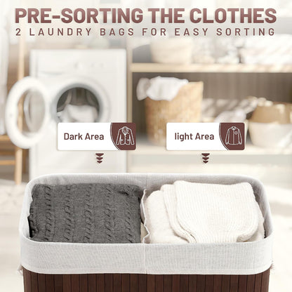 Aliphon 72L Slim Laundry Hamper with Lid, Foldable Bamboo Clothes Laundry Basket with Handles, Removable and Machine Washable Liner, for Bedroom, Bathroom, Dorm, Brown