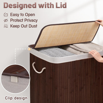 Aliphon 72L Slim Laundry Hamper with Lid, Foldable Bamboo Clothes Laundry Basket with Handles, Removable and Machine Washable Liner, for Bedroom, Bathroom, Dorm, Brown