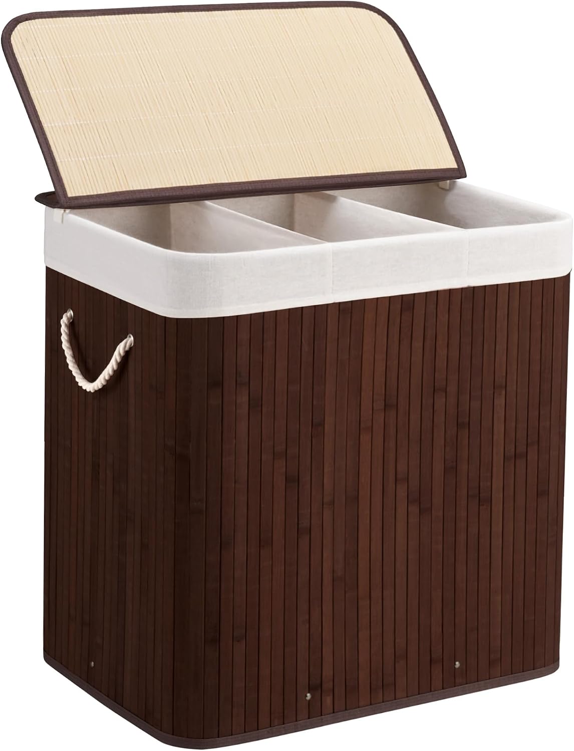 Aliphon 72L Slim Laundry Hamper with Lid, Foldable Bamboo Clothes Laundry Basket with Handles, Removable and Machine Washable Liner, for Bedroom, Bathroom, Dorm, Brown