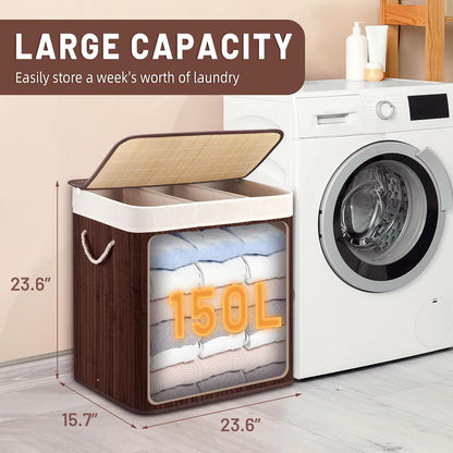 Aliphon 72L Slim Laundry Hamper with Lid, Foldable Bamboo Clothes Laundry Basket with Handles, Removable and Machine Washable Liner, for Bedroom, Bathroom, Dorm, Brown