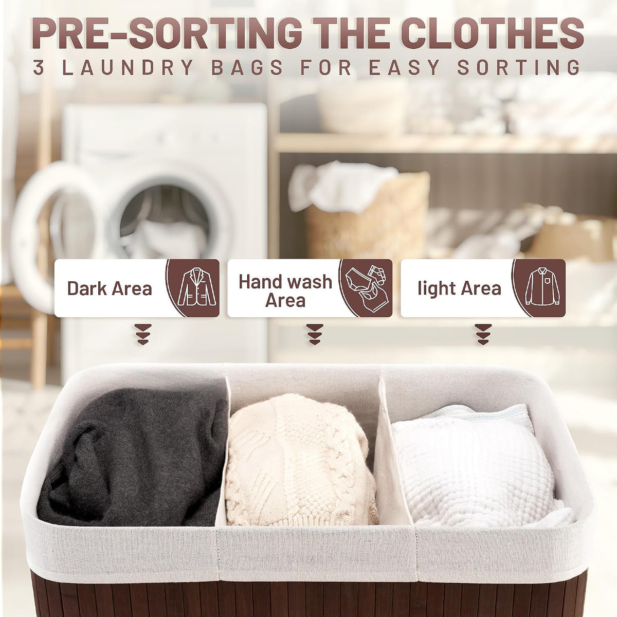 Aliphon 72L Slim Laundry Hamper with Lid, Foldable Bamboo Clothes Laundry Basket with Handles, Removable and Machine Washable Liner, for Bedroom, Bathroom, Dorm, Brown