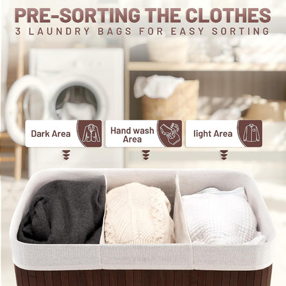 Aliphon 72L Slim Laundry Hamper with Lid, Foldable Bamboo Clothes Laundry Basket with Handles, Removable and Machine Washable Liner, for Bedroom, Bathroom, Dorm, Brown
