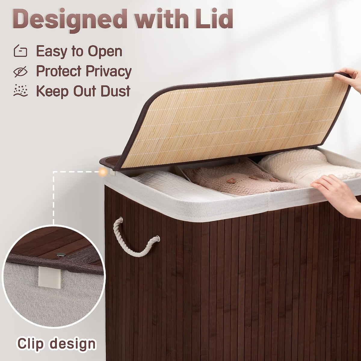 Aliphon 72L Slim Laundry Hamper with Lid, Foldable Bamboo Clothes Laundry Basket with Handles, Removable and Machine Washable Liner, for Bedroom, Bathroom, Dorm, Brown