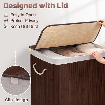 Aliphon 72L Slim Laundry Hamper with Lid, Foldable Bamboo Clothes Laundry Basket with Handles, Removable and Machine Washable Liner, for Bedroom, Bathroom, Dorm, Brown