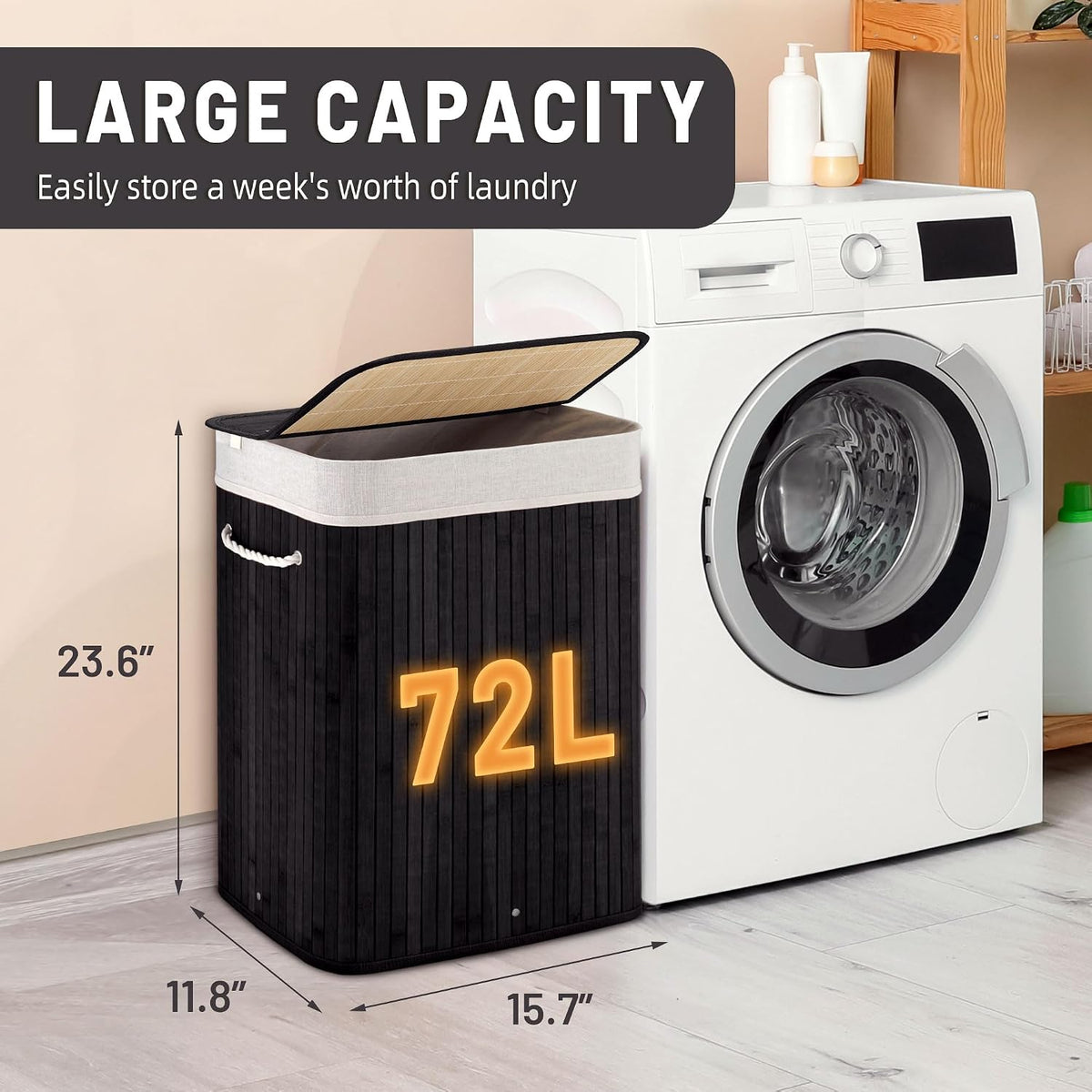 Aliphon 72L Slim Laundry Hamper with Lid, Foldable Bamboo Clothes Laundry Basket with Handles, Removable and Machine Washable Liner, for Bedroom, Bathroom, Dorm, Brown