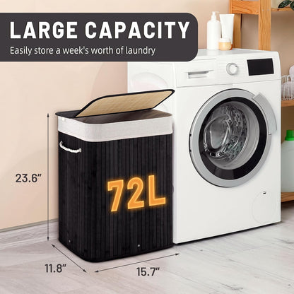 Aliphon 72L Slim Laundry Hamper with Lid, Foldable Bamboo Clothes Laundry Basket with Handles, Removable and Machine Washable Liner, for Bedroom, Bathroom, Dorm, Brown